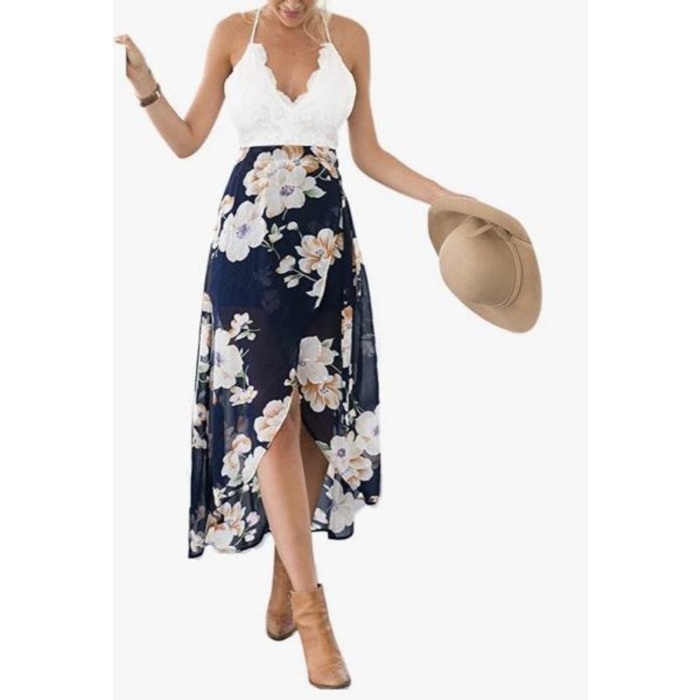 Blooming Jelly Deep V-Neck Asymmetrical Floral Maxi Dress L